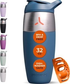 PROMIXX Pursuit botella mezcladora de proteínas de acero inoxidable de una sola pared, batidos súper suaves, 950 ml, Azul Medianoche