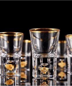 DUJUST Vasos de chupito (1.5oz/4cl), juego de vasos de chupito de cristal decorados con copos de hojas de oro de 24 quilates, sin BPA y sin plomo, perfectos para decoración, opciones de regalo, 6 pcs