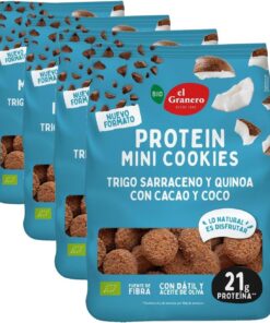 El Granero Integral - Mini Cookies Proteicas de Cacao y Coco BIO - 130 g - Alto Contenido en Proteínas - Fuente de Energía Natural - Aptas para Dietas Saludables (Paquete de 4)