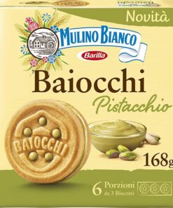 6 galletas de pistacho Mulino Bianco Baiocchi, ideal para desayuno o aperitivo, sin aceite de palma, 6 porciones de 3 galletas