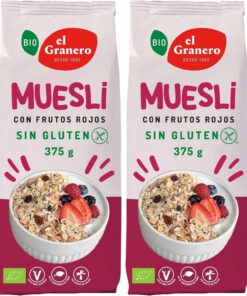 El Granero Integral - Muesli Frutos Rojos Sin Gluten Bio - 375 g - Fuente de Fibra y Nutrientes Esenciales - Mejora la Salud Intestinal - Ideal para el Desayuno - Apto para Veganos (Paquete de 2)