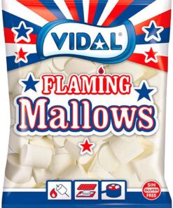 Vidal Golosinas. Flaming Mallows Vainilla. Nubes esponjosas de gran tamaño con sabor a vainilla. Ideales para barbacoas, fogatas y planchas. Color blanco. Sin gluten ni grasa. Bolsa 1 kg
