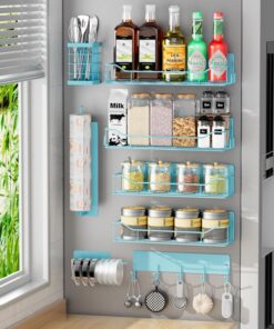 Kmise Estante magnético para especias para refrigerador, paquete de 8 estantes magnéticos para nevera, organizador de especias móvil con estante de gancho, soporte para toallas de papel, soporte para