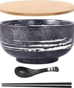 MUXUE - Tazón japonés de Ramen vintage con cuchara con tapa cuenco de cerámica de Ramen cuenco de arroz dibujado a mano cuenco de fideos instantáneos de 6,5 pulgadas
