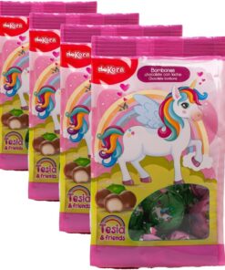 Dekora - Pack Bombones de Chocolate Rellenos de Crema de Leche y Diseño Unicornio Tesia 100g, Ideal para Fiestas Infantiles y Cumpleaños. Divertidos y deliciosos (Paquete de 4)