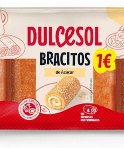 Dulcesol - Bracitos de Azúcar - Bizcochos Enrollados Rellenos de Crema con Cobertura de Azúcar, Elaborados con Huevos de Gallinas Sueltas, Pack de 4 Unidades en Envases Individuales - Bolsa 180g