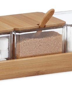 Relaxdays Trío Botes Especias con Tapa y Cuchara, Saleros, Azucareros, Plástico y Bambú, 11x30x13cm, Transparente