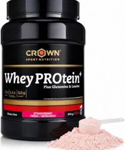 Crown Sport Nutrition Whey PROtein+ | Proteína de Suero de Leche (WPC) Concentrada | Leucina 3g y Glutamina | 25g Proteína por Toma | Bote 834g | Whey Protein Fresa | Informed Sport