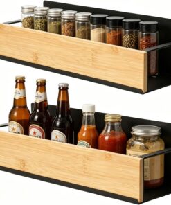 VINATO Especiero Magnético Juego de 2, Estante para Frigorífico con Diseño Bambú y Metallo, Sin Taladrar, Organizador Cocina Frigorífico para Especias