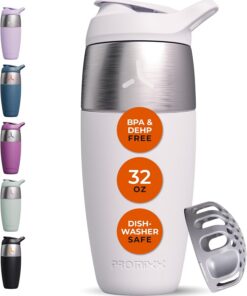 PROMIXX Pursuit botella mezcladora de proteínas de acero inoxidable de una sola pared, batidos súper suaves, 950 ml, Cerámica Blanca