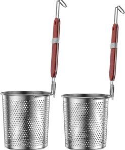 2 cestas de pasta de acero inoxidable con mango de madera, 2 tamaños, colador de pasta de malla para colgar, cesta de espagueti, apta para lavavajillas, colador de fideos para pasta, fideos,
