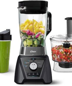Oster Combo de licuadora y procesador de alimentos con 3 ajustes para batidos, batidos y picar alimentos, incluye 2 tazas y tapas de 24 onzas, gris carbono