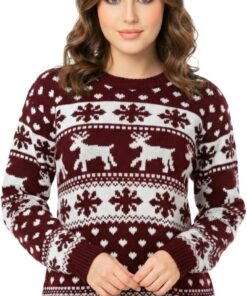 Suéter de Navidad para mujer, suéter de punto con diseño de reno, manga larga, cuello redondo, novedoso suéter de Navidad de Rudolph, suéter divertido de Navidad