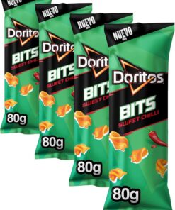 Doritos Chilli snack crujiente sabor chilli con un toque picante, Bolsa individual para picar, 80g (Paquete de 4)