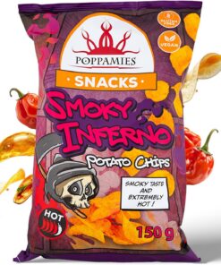 Poppamies Snacks Smoky Inferno patatas fritas con sabor a chile habanero – sin gluten, veganas – nivel de picante: 4/5 – 150 g