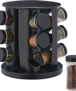 Relaxdays Especiero Giratorio con 12 Botes, con Dosificadores Rotatorio, Soporte Especias Reutilizable de Cocina, Negro