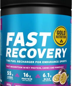 GoldNutrition, Fast Recovery Drink, Bebida Deportiva, Recuperador Muscular con BCAA, Carbohidratos y Proteína Aisalada de Suero, Ideal para la Recuperación Muscular, Sabor Maracuyá, 600 g