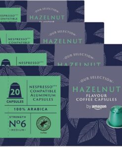 by Amazon Cápsulas de Aluminio de Café Sabor Avellana Compatibles con Nespresso, 20 Unidades (1 Paquete de 80), Certificadas por Rainforest Alliance