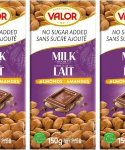 Valor - Chocolate con Leche y Almendras Mediterráneas Enteras. 0% Azúcares añadidos. Sin Gluten. Chocolate Valor Suave Edulcorado con Stevia - 150 Gramos (Paquete de 3)