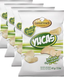 Yucas - Bolsa Individual de 65 g - Elaborado con Yuca y Aceite de Girasol 100% - Textura Crujiente - Ideal Como Aperitivo para Picar Entre Horas - Gourmet Latino (Paquete de 4) | Textura Extra Crujiente - Delicioso Sabor - Snack Perfecto para Picar Entre Horas - No Contiene Aceite de Palma