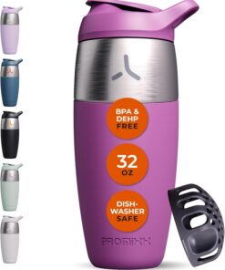 PROMIXX Pursuit botella mezcladora de proteínas de acero inoxidable de una sola pared, batidos súper suaves, 950 ml, Mora