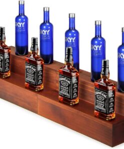 B4Life Paquete de 2 estantes de exhibición de botellas de licor de 16 pulgadas, estantes de barra de madera de 2 niveles, estante de licor para bar en casa