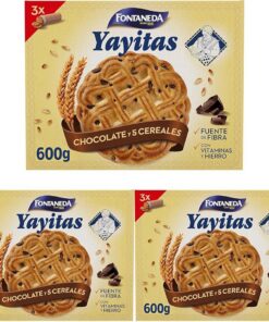 Fontaneda Yayitas Galletas de 5 Cereales con Pepitas de Chocolate enriquecidas con Vitamina B1, B2, B3, B5, B6 y Hierro, 600 g (Paquete de 3)