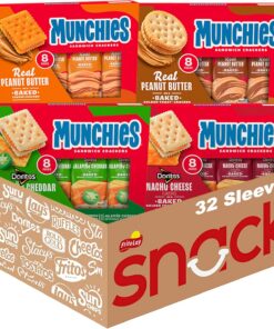 Munchies Paquete variado de galletas de sándwich horneadas, mantequilla de maní con queso, mantequilla de maní tostada, queso nacho Doritos y queso jalapeño Doritos (paquete de 32 fundas)