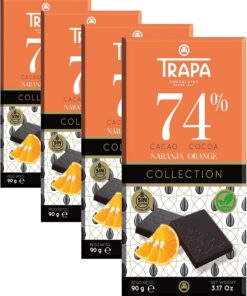 TRAPA COLLECTION | Chocolate Negro 74% Cacao con Naranja | Tableta 90 g | Sin Gluten (Paquete de 4)