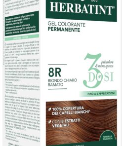 Herbatint Gel colorante permanente 3 dosis, 300 ml – 8R Rubio claro cobrizo, sin amoniaco, para pieles sensibles, cobertura 100% de cabellos blancos, con 8 extractos naturales biológicos