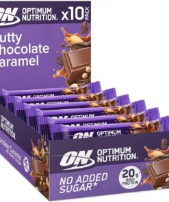 Optimum Nutrition Barras de Proteínas Chocolate con Frutos Secos y Caramelo, Sin Azúcares Añadidos, Para Llevar, Snack para Gimnasio Pre y Post Entrenamiento para Hombres y Mujeres, 10 x 70 g