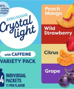 Crystal Light Mezcla de bebida energizante con cafeína, paquete variado de 44 paquetes para hidratación sobre la marcha, melocotón mango, fresa silvestre, cítricos, uva, sabor natural y artificial