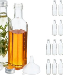 Relaxdays 16 Botellas Vidrio para Rellenar, Botellitas Vacías para Licor, Aceite o Zumo, Cuadradas, 250 ml, Transparente