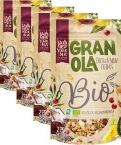 La Newyorkina Granola Coco Lemon Friends 275g Con Coco Rallado, Frutos Secos y Aceite de Oliva Virgen Extra (Paquete de 4)