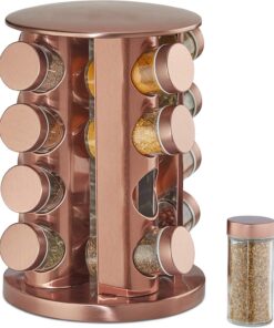 Relaxdays Especiero Giratorio Mediano de Acero, Organizador de Especias Cilíndrico, 16 Botes Cristal, 28x22 cm, Cobre