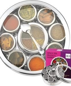 Bub: Lata grande de especias Masala Dabba de 22 cm, 9 tarros de especias con tapas individuales, capacidad para 12 especias, acero inoxidable pulido con cuchara para servir y tapas acrílicas