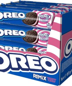 OREO Remix vainilla y frambuesa galletas rellenas, Pack de 16 x 157g | Una irresistible combinación de cacao, vainilla y frambuesa, ideal para meriendas y disfrutar entre horas