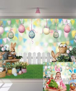 BATE Fondo de Pascua para primavera, jardín, huevos coloridos, conejo, verde, césped, valla, bokeh, fondo para niños, fotografía, baby shower, fiesta de cumpleaños, decoración de cabina de fotos (7 x
