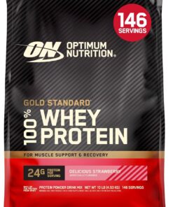 Optimum Nutrition Gold Standard 100% Whey Proteína en Polvo, 4.53Kg | Delicious Strawberry, 146 Servings, 24 g de Proteína,BCAA,Bajo en azúcares,Favorece el Crecimiento y la Recuperación Muscular