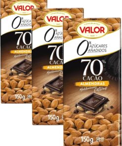 Valor - Chocolate Negro 70% con Almendras Mediterráneas Enteras. 0% Azúcares añadidos. Sin Gluten. Chocolate Negro Valor. Edulcorado con Stevia- Tableta de 150 Gramos (Paquete de 3)
