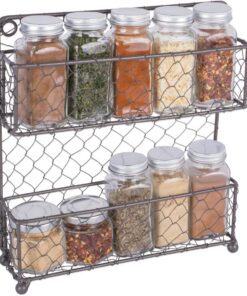 DII Z01446 Organizador de alambre de pollo de metal vintage para pared de cocina, despensa, gabinete o mostrador, estante de especias de 2 niveles, rústico
