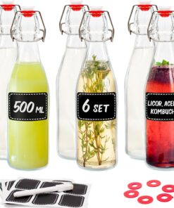 Praknu 6 Botellas Cristal 500ml con Tapón Hermético - con 12 Etiquetas y Rotulador - Botella Vidrio para Licores Caseros, Aceite, Vinagre & Cerveza Artesanal | Totalmente hermético, incluye 6 juntas de repuesto y 12 etiquetas para aceite, vinagre, zumo, jarabe y licor