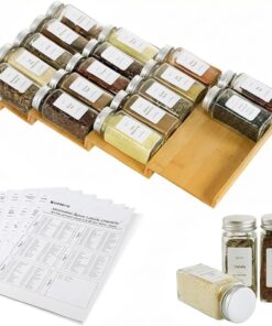 Organizador de cajones de especias con 20 tarros de especias, 216 etiquetas, 50 goma antideslizante, bandeja de bambú de 4 niveles para cajones de cocina, armarios, encimera, 9 pulgadas de