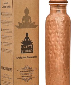 Botella de agua de cobre puro, diseño martillado a prueba de fugas, botella de agua grande de boca ancha, recipiente ayurvédico de cobre puro para beber (34 onzas/1 L)