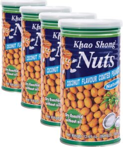 KHAO SHONG Cacahuetes recubiertos con aroma de coco, crujientes frutos secos recubiertos de coco dulce y picante, crujiente snack, 1 x 360 g (Paquete de 4)