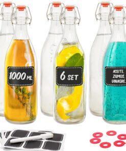 Praknu 6 Botellas Cristal 1 Litro con Tapón Hermético - con 12 Etiquetas y Rotulador - Botella Vidrio para Bebidas Caseras, Licores, Aceite, Cerveza Artesanal, Kombucha & Vinagre.