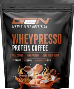 Wheypresso Protein Coffee - Proteína en polvo con concentrado y aislado de suero de leche - Con auténtico café y cafeína - Bebida cremosa rica en proteínas - (908 g, Sabor Caramelo)