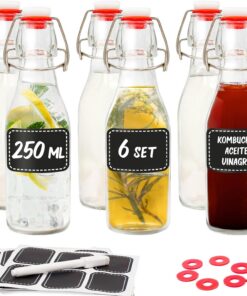 Praknu 6 Botellas Cristal 250ml con Tapón Hermético - con 12 Etiquetas y Rotulador - Botella Vidrio para Licores Caseros, Aceite, Cerveza Artesanal, Vinagre, Vino y Bebidas
