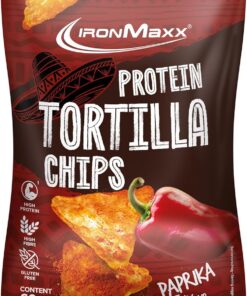 IronMaxx Protein Tortilla Chips – Paprika Bolsa de 60 g | Snack crujiente alto en proteínas de soja y yuca | Rico en fibra y sin gluten | Ideal para una dieta consciente y para llevar (Paquete de 6)