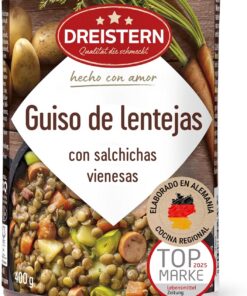 DREISTERN Guiso de lentejas 400 g I Con salchichas vienesas & verduras I Estofado sabroso en lata reciclable I Larga duración gracias a la conservación natural I Calidad casera